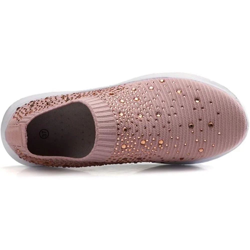 Women's Mesh Walking Shoes Rhinestone Glitter Slip On Ballroom Sneakers Pink